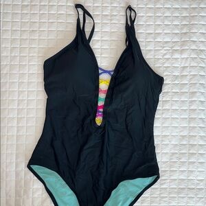 Black One-Piece Swimsuit with Colorful Accents